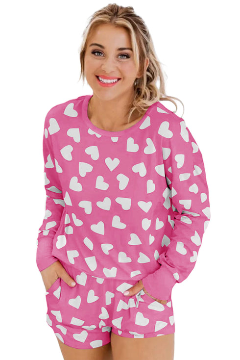 Valentine Heart Shape Print Long Sleeve Top Shorts Lounge Set